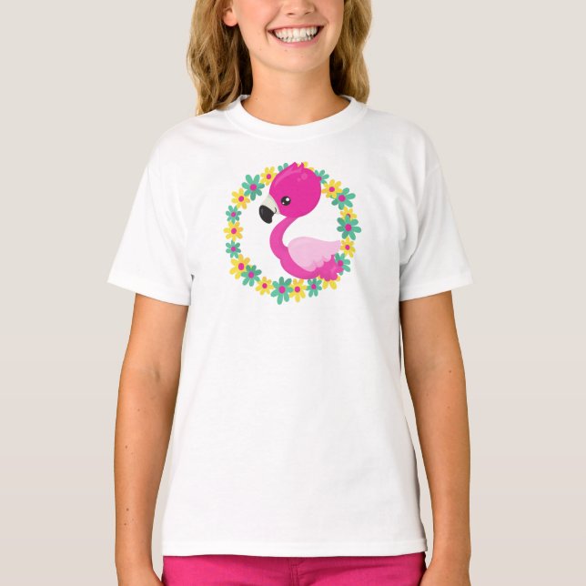 Cute Flamingo, Baby Flamingo, Bird, Flowers T Shirt (Framsida)