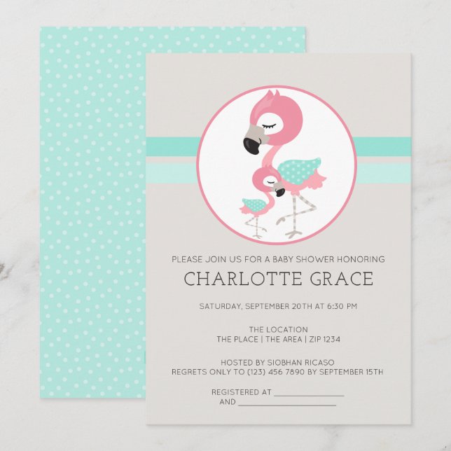 Cute Flamingo Bird Personlig Baby Shower Inbjudningar (Fram/baksida)