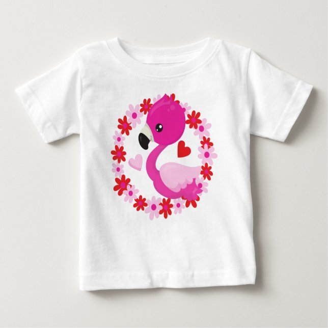 Cute Flamingo, Rosa Flamingo, Bird, Flowers, Heart T Shirt (Framsida)