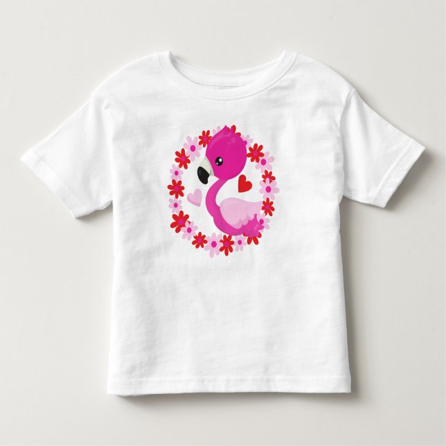 Cute Flamingo, Rosa Flamingo, Bird, Flowers, Heart T Shirt (Framsida)