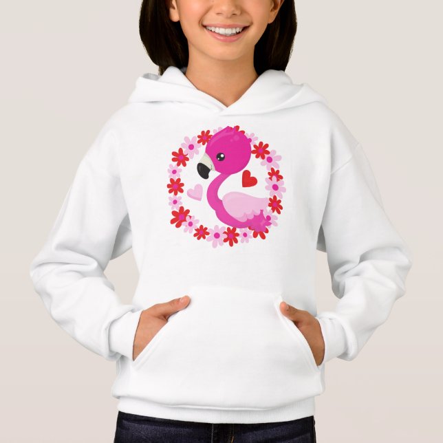 Cute Flamingo, Rosa Flamingo, Bird, Flowers, Heart T Shirt (Framsida)