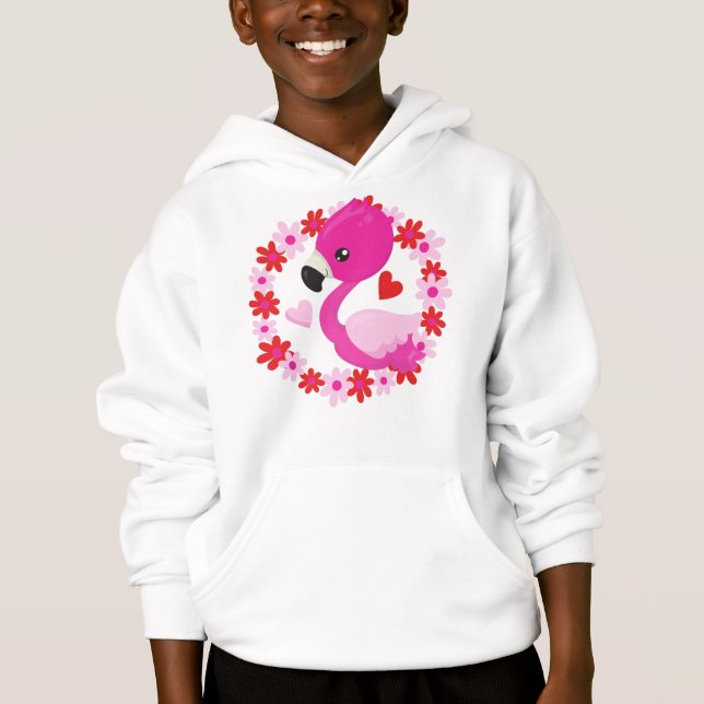 Cute Flamingo, Rosa Flamingo, Bird, Flowers, Heart T Shirt (Framsida)