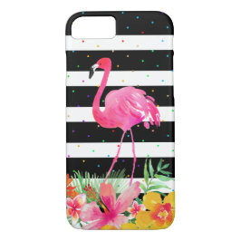Cute Flamingo Tropical Flowers & Black Rand