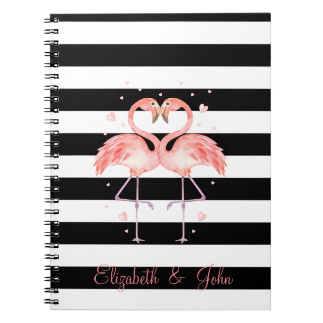 Cute Flamingos i Kärlek,Svartvit Rand Anteckningsbok (Framsidan)