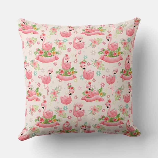 Cute flamingos och tropiska blommor kudde (Baksida)