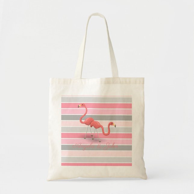 Cute Flamingos, Rosa Grått Rand Personlig Tygkasse (Framsidan)