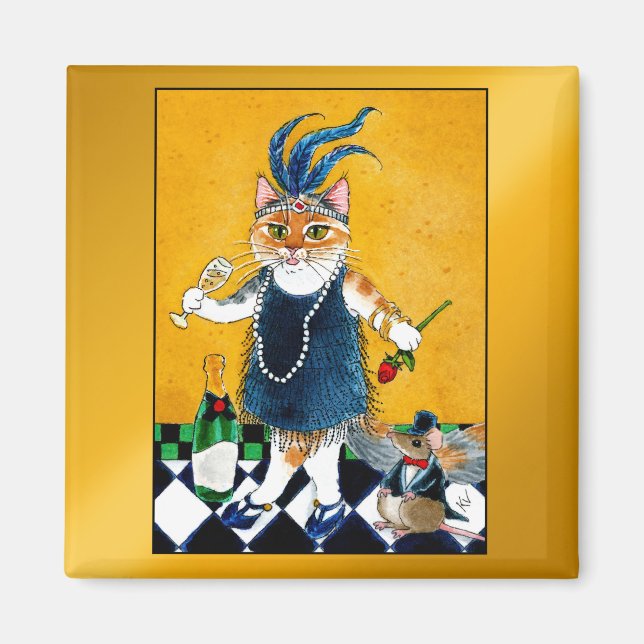 Cute Flapper cat, mus Art Deco 1920 s Magnet (Framsidan)