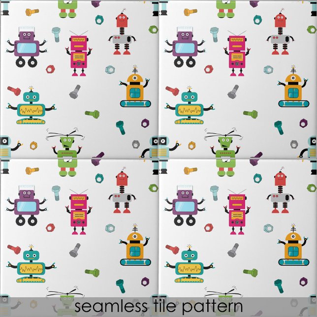 Cute Flerfärgade robots Kids Robot Seamless Kakelplatta (Cute Multicolored Robots Kids Robot Seamless Ceramic Tile)