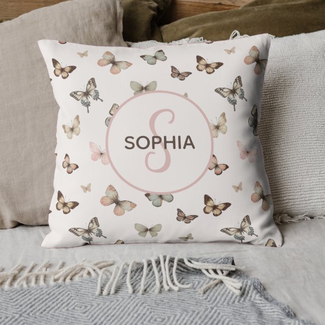 Cute Flicka Anpassningsbar Monogram Butterfly Möns Kudde (Custom Butterfly Pillow with Name - Personalized Home Decor, Unique Gift, Whimsical Design)
