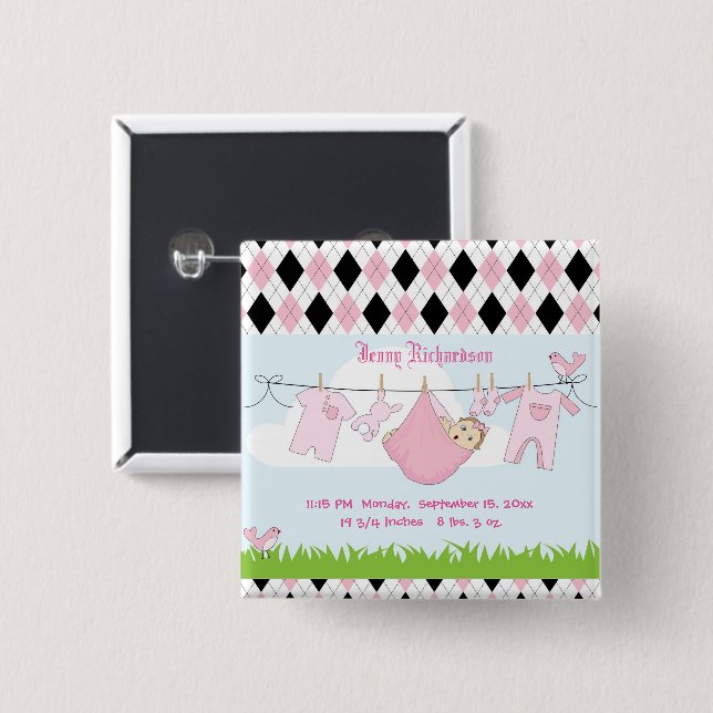 Cute Flicka Clothes Line Knapp (Framsida & baksida)