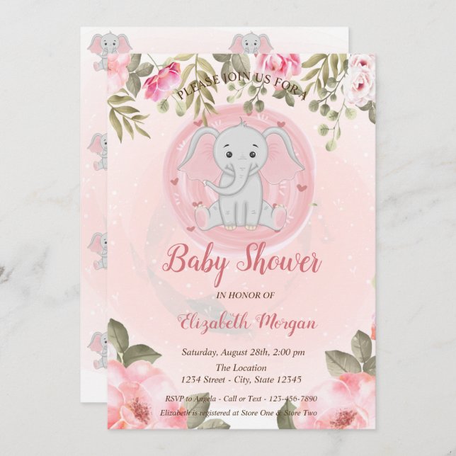 Cute Flicka Elephant,Blommigt Baby Shower Inbjudningar (Fram/baksida)