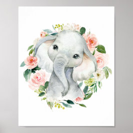 Cute Flicka Elephant Blommigt Poster