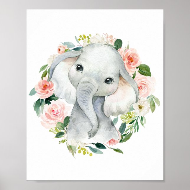 Cute Flicka Elephant Blommigt Poster (Framsidan)