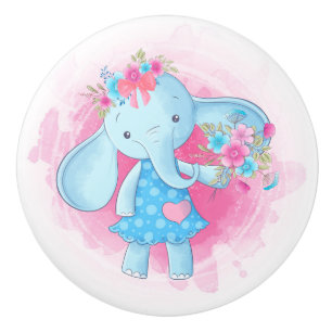 Cute Flicka Elephant Flowers Rosa Bow Tecknad Knopp