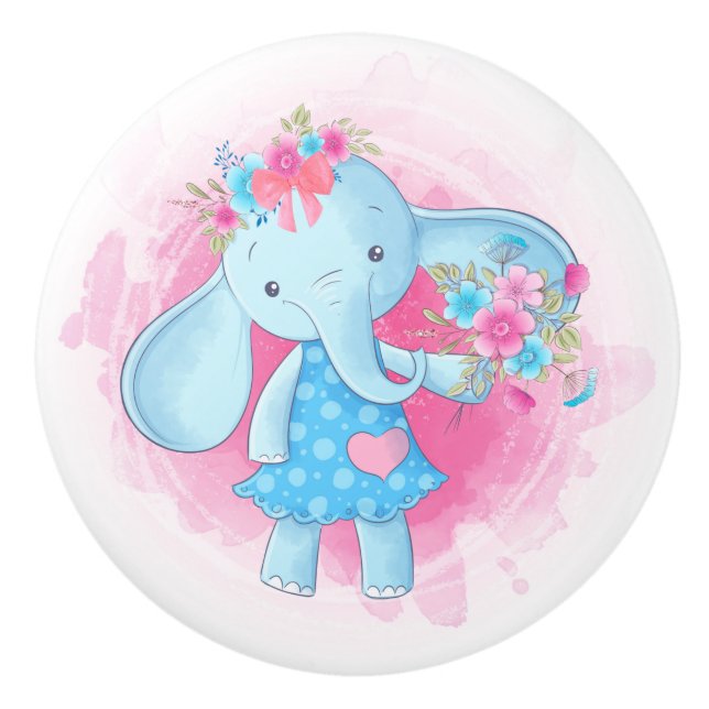 Cute Flicka Elephant Flowers Rosa Bow Tecknad Knopp (Framsidan)