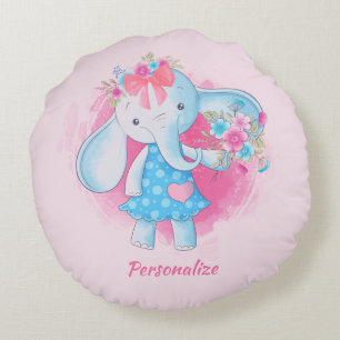 Cute Flicka Elephant Flowers Rosa Bow Tecknad Rund Kudde