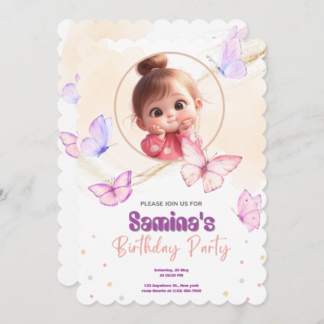 Cute Flicka Födelsedagsfest inbjudan med Rosa (Fram/baksida)