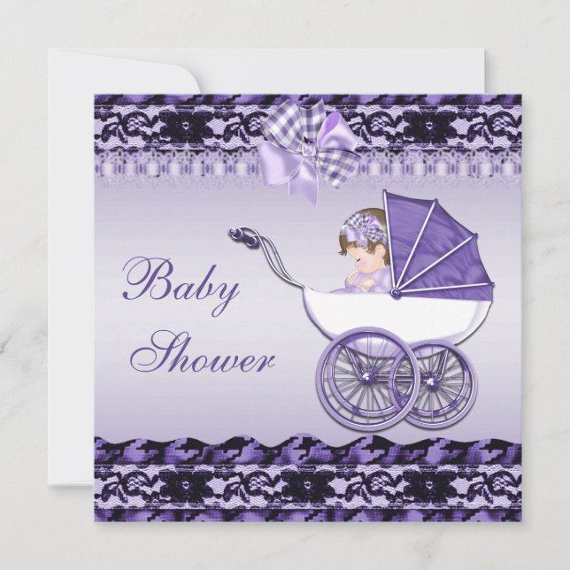 Cute Flicka i Lila Carriage Baby Shower Inbjudningar (Framsida)