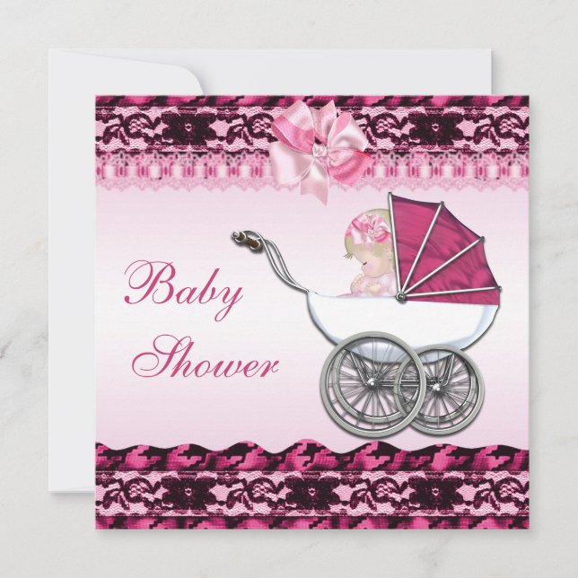 Cute Flicka i Rosa Carriage Baby Shower Inbjudningar (Framsida)