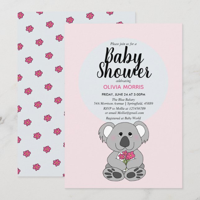 Cute Flicka Koala Bear Tecknad Namn Baby Shower Inbjudningar (Fram/baksida)