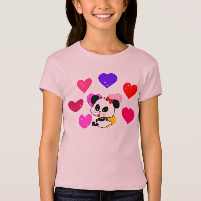 Cute Flicka Panda-regnbågen kärlek hjärtan T Shirt (Framsida)