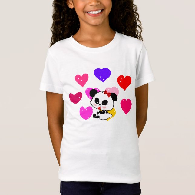 Cute Flicka Panda-regnbågen kärlek hjärtan T Shirt (Framsida)