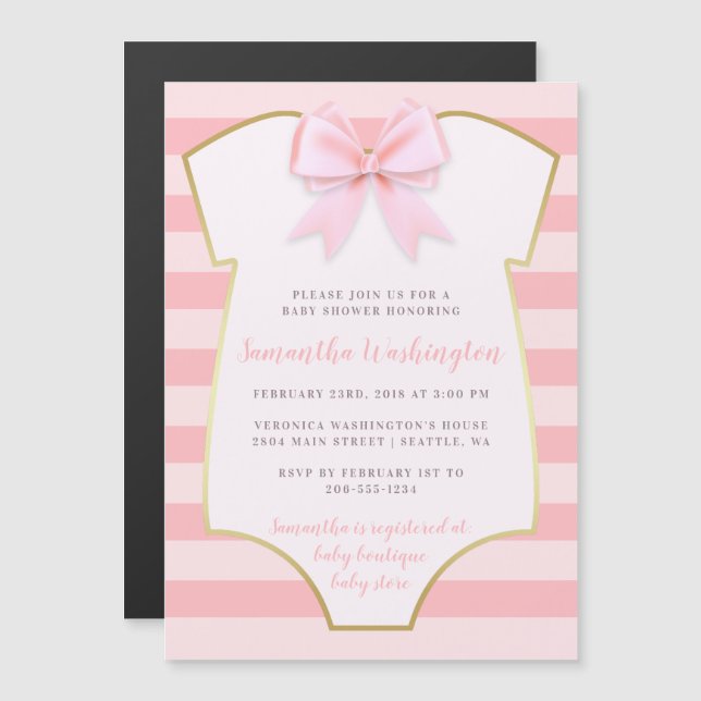 Cute Flicka  Rosa Bow & Guld Baby Shower Magnetisk Inbjudningskort (Fram/baksida)