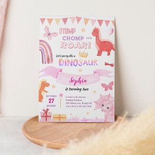 Cute Flicka Rosa Dino Dinosaur Barns födelsedag Inbjudningar