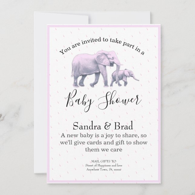Cute Flicka Rosa Elephants modern Baby Shower I Inbjudningar (Framsida)