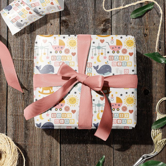 Cute Flicka Rosa Mönster med Namn Baby Shower Presentpapper (Skapare uppladdad)
