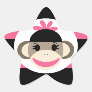 Cute Flicka Sock monkey Black Rosa Rand Stjärnformat Klistermärke