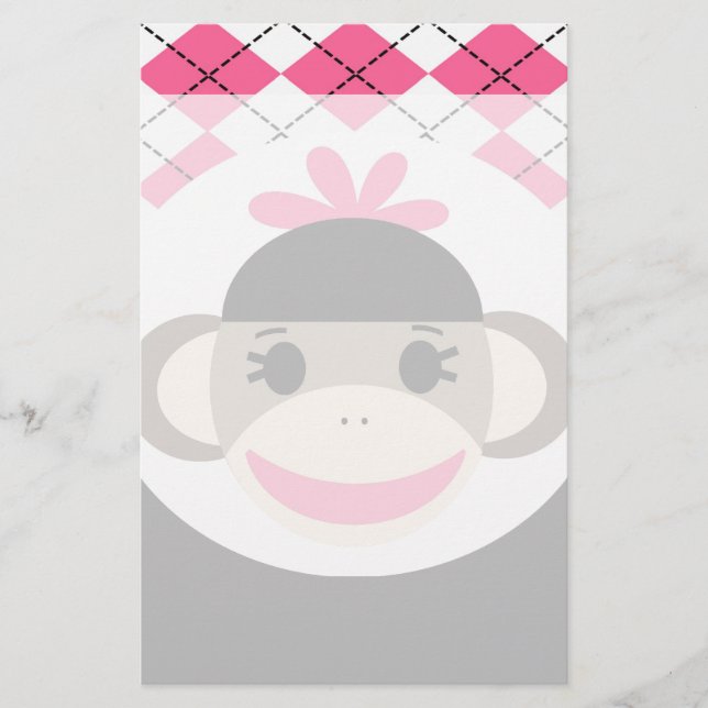 Cute Flicka Sock monkey Rosa Black Argyle Brevpapper (Framsida)