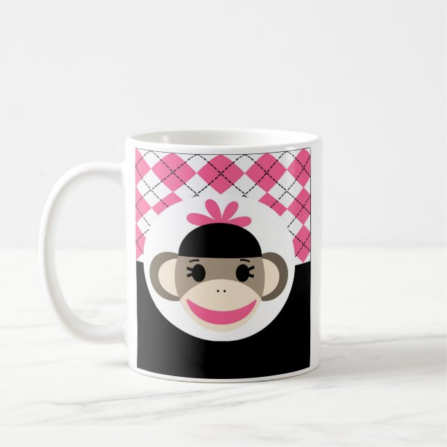 Cute Flicka Sock monkey Rosa Black Argyle Kaffemugg (Vänster)