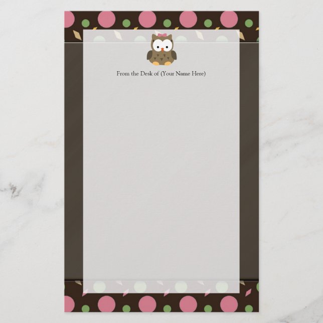 Cute Flicka Uggla med Rosa Bow Brevpapper (Framsida)