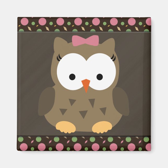 Cute Flicka Uggla med Rosa Bow Magnet (Framsidan)