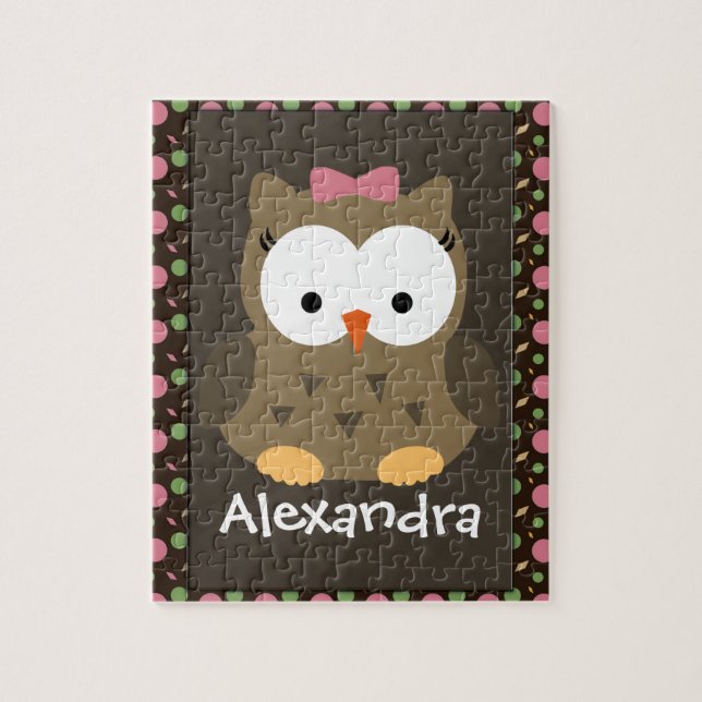 Cute Flicka Uggla, Rosa/Grönt/Brown Pussel (Vertikal)