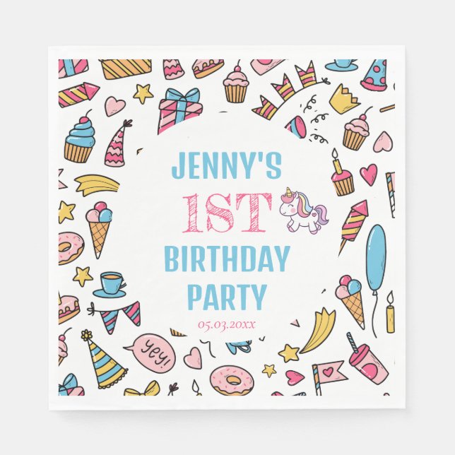 Cute Flicka Unicorn, oavsett ålder, Födelsedagsfes Pappersservett (Framsidan)