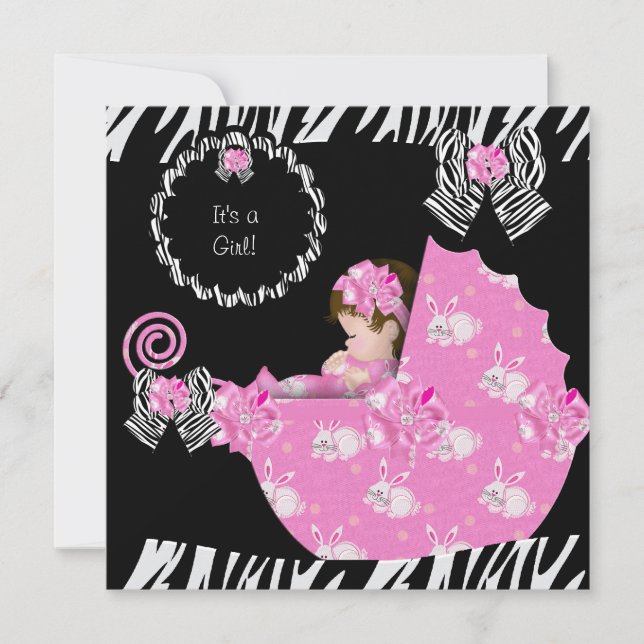 Cute Flicka Zebra Baby Shower Rosa Pram Inbjudningar (Framsida)