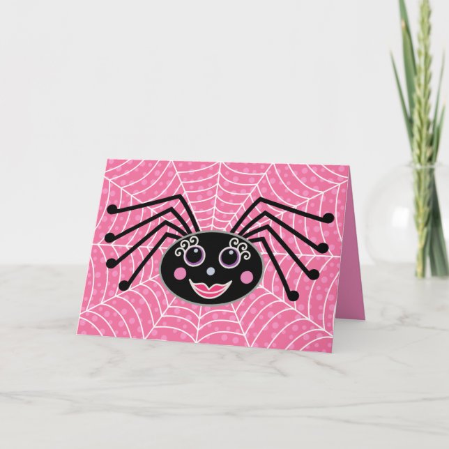 Cute Flickaktigt Spider på Webben Halloween Kort (Framsida)