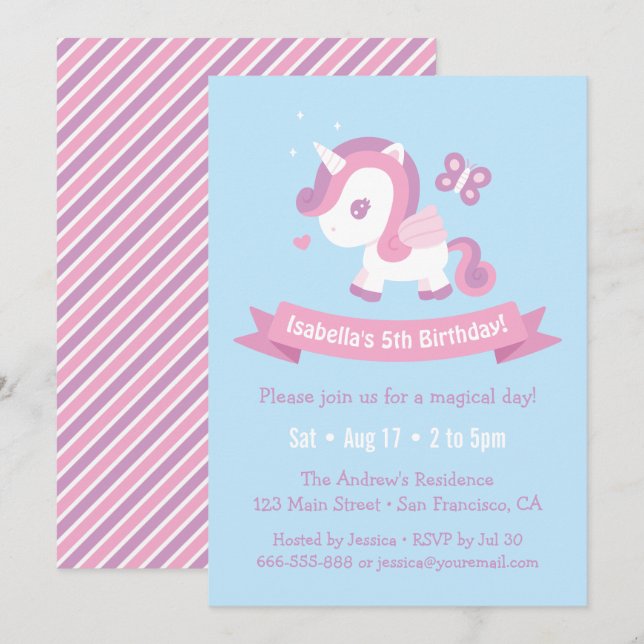 Cute Flies Magic Unicorn Girls Birthday Inbjudningar (Fram/baksida)