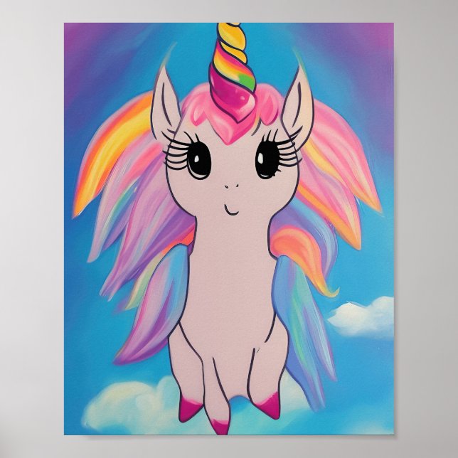 Cute Flies Unicorn Kawaii Painting Poster (Framsidan)