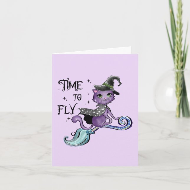 Cute Flies Witch Cat | Flygtid Anteckningskort (Framsida)