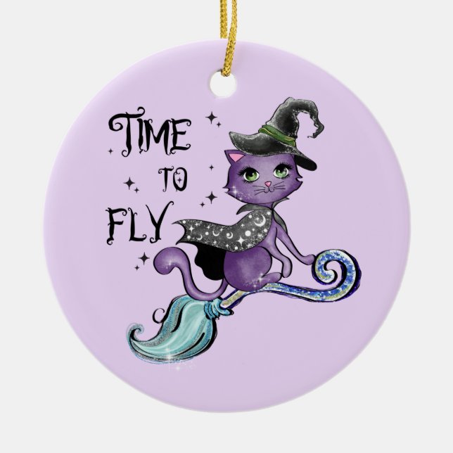 Cute Flies Witch Cat | Flygtid Julgransprydnad Keramik (Framsidan)