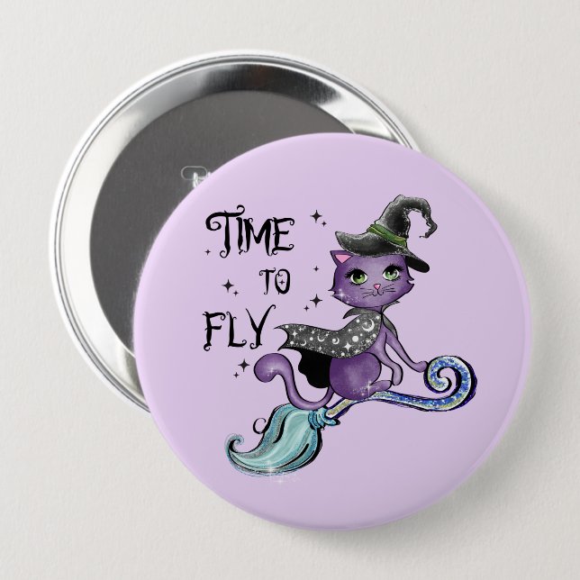 Cute Flies Witch Cat | Flygtid Knapp (Framsida & baksida)