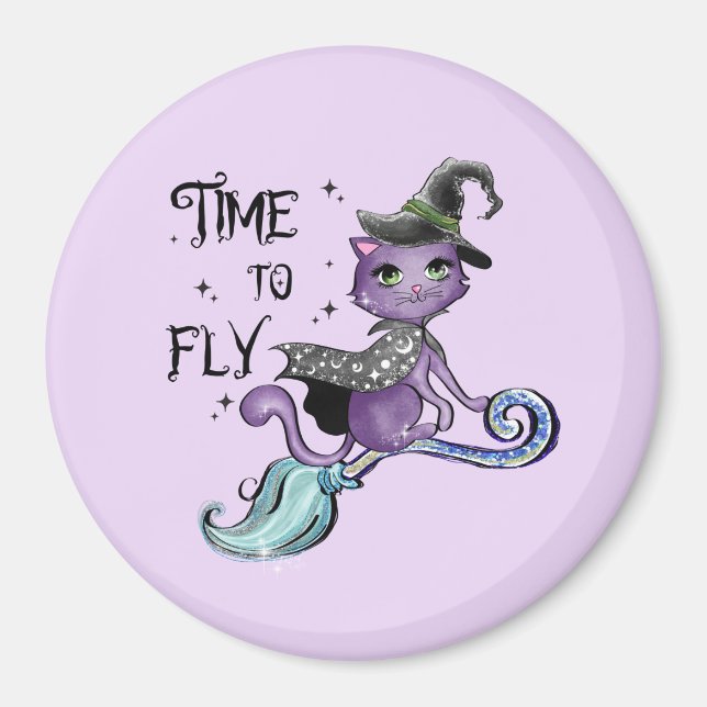 Cute Flies Witch Cat | Flygtid Magnet (Framsidan)