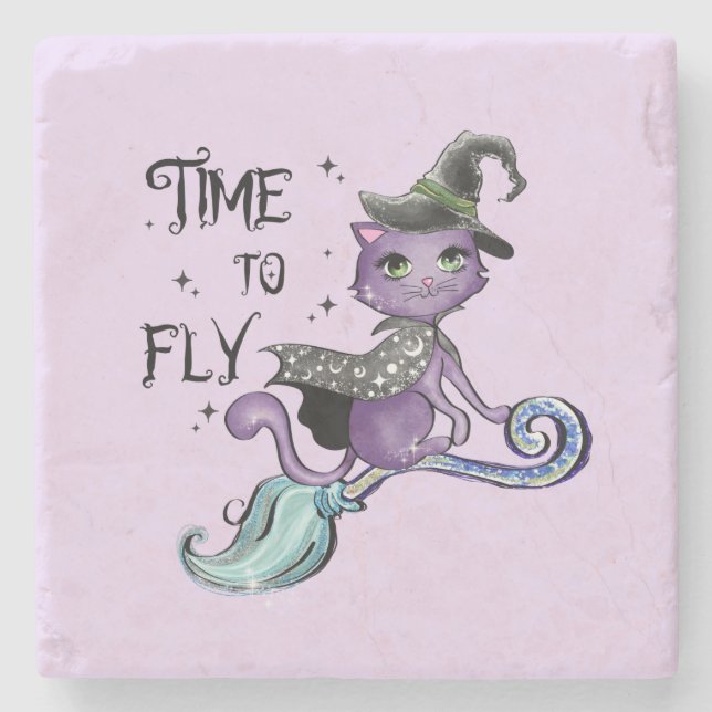 Cute Flies Witch Cat | Flygtid Stenunderlägg (Framsidan)