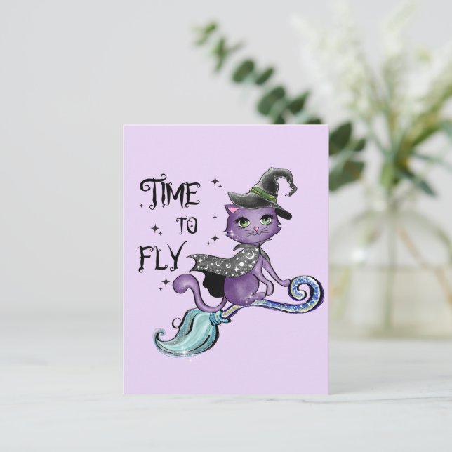 Cute Flies Witch Cat | Flygtid Vykort (Stående Fram)