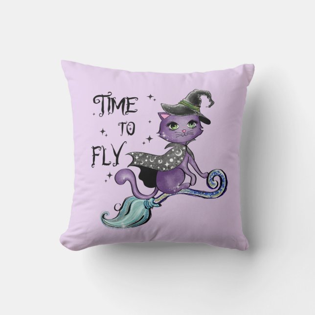 Cute Flies Witch Cat | Tid för flygnyckelkedja Kudde (Framsida)
