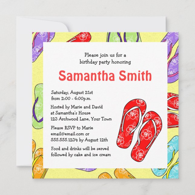 Cute Flip Flow Beach Thees Födelsedagsfest Inbjudningar (Framsida)