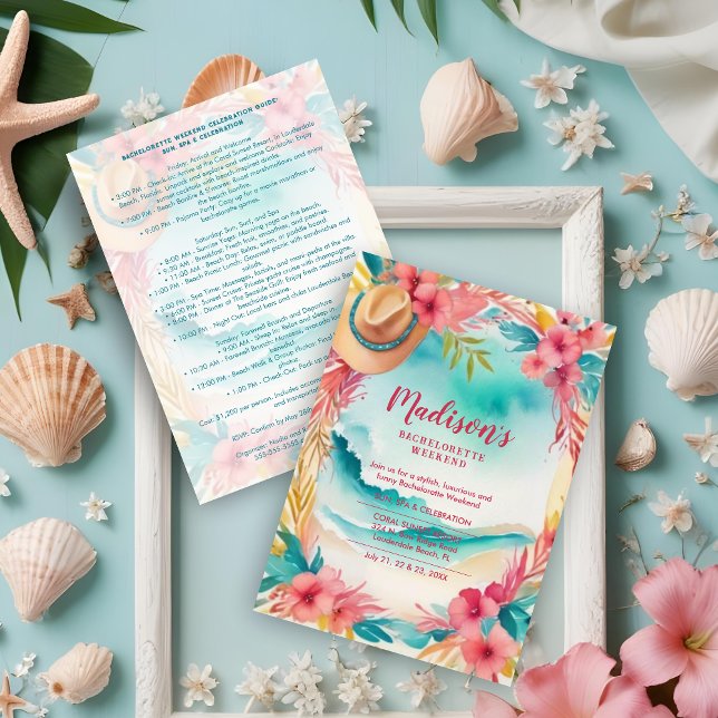 Cute Floral Beach Cowgirl Hat Coastal Bachelorette Inbjudningar (Cute Floral Beach & Cowgirl Hat Coastal Bachelorette Invitations Cards in Turquoise & Pink. )